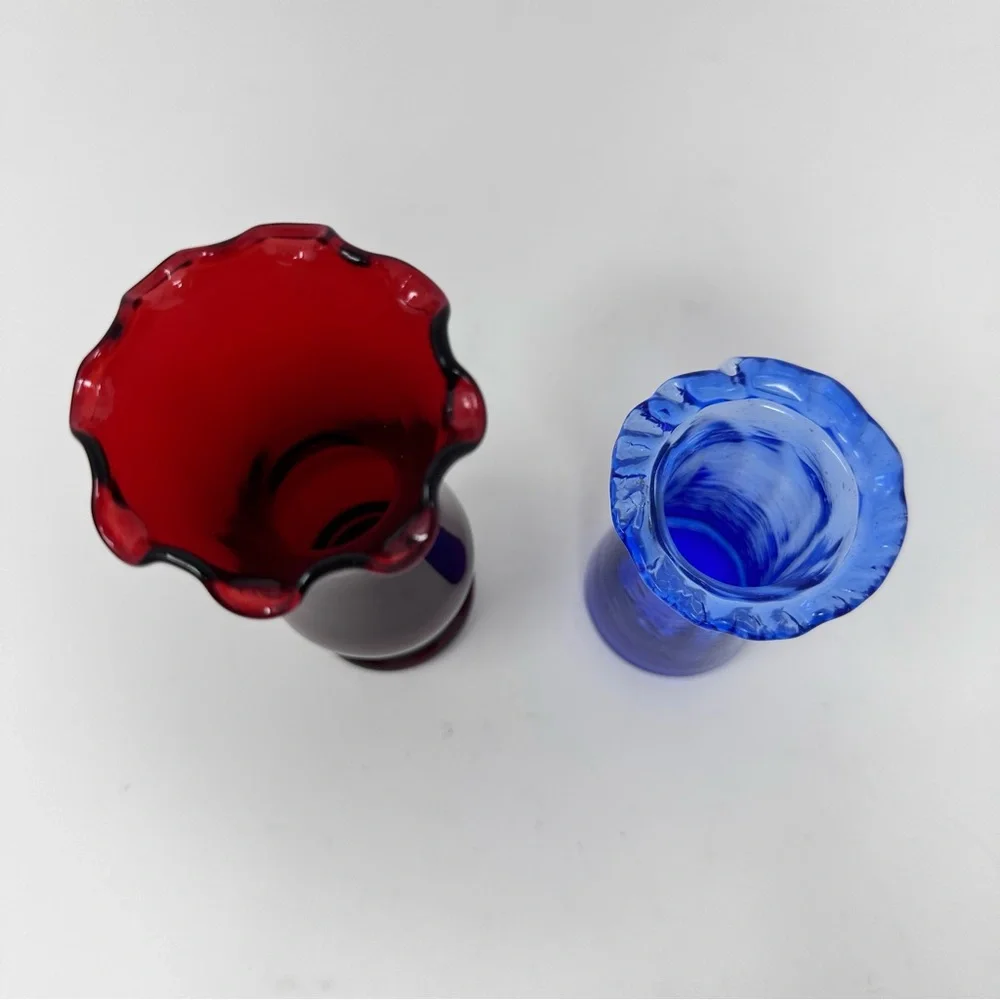 Vintage Glass Bud Vases Anchor Hocking Royal Ruby Red & Cobalt Blue Ruffled Rim